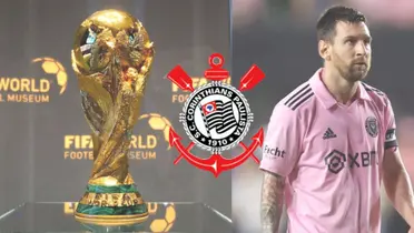 Escudo do Corinthians entre taça da Copa do Mundo e Messi