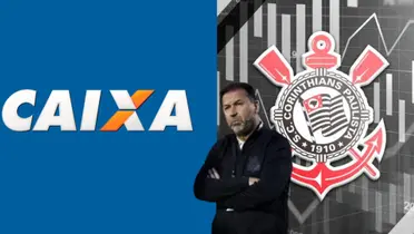 Augusto Melo entre os logotipos da Caixa e do Corinthians