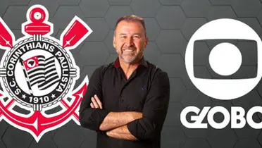 Augusto Melo entre os logotipos do Timão e da Globo